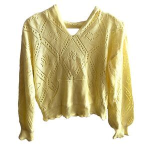 Lemon Drop Yellow Knit Heart Hoodie Sweater Long Sleeve Scalloped Preppy M Women